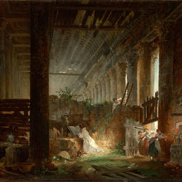 《在罗马寺庙废墟中祈祷的隐士》休伯特·罗伯特(Hubert Robert)高清作品欣赏