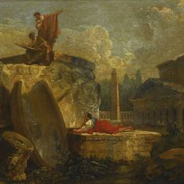 《风景秀丽的古迹中的绘图员》休伯特·罗伯特(Hubert Robert)高清作品欣赏