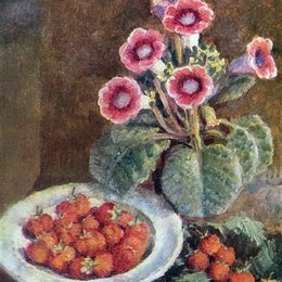《花盆里的花和草莓》伊利亚·马什科娃(Ilya Mashkov)高清作品欣赏
