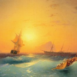 《直布罗陀岩石上的美国航运》艾伊瓦佐夫斯基(Ivan Aivazovsky)高清作品欣赏