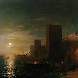 《君士坦丁堡的月亮之夜》艾伊瓦佐夫斯基(Ivan Aivazovsky)高清作品欣赏