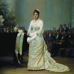 伊万·尼古拉耶维奇·克拉姆斯柯依(Ivan Kramskoy)高清作品:Portrait of singer Elizabeth Andreevny Lavrovsky, on stage a