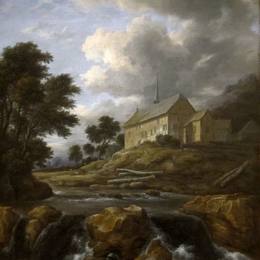 《教堂与山洪的景观》雅各布布·凡·雷斯达尔(Jacob van Ruisdael)高清作品欣赏