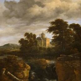 《瀑布与城堡的景观》雅各布布·凡·雷斯达尔(Jacob van Ruisdael)高清作品欣赏