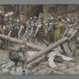 詹姆斯·天梭(James Tissot)高清作品:Simon the Cyrenian Compelled to Carry the Cross with Jesus (