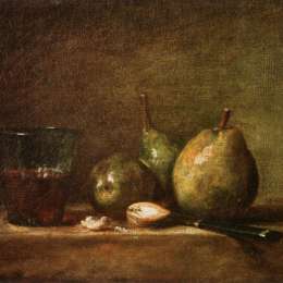 《梨、核桃和酒杯》让·巴蒂斯·西美翁·夏尔丹(Jean-Baptiste-Simeon Chardin)高清作品欣赏
