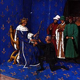 让·富盖(Jean Fouquet)高清作品:Charles V gives the sword of constable to Bertrand du Guescl