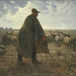 《牧羊人照料羊群》让-弗朗索瓦·米勒(Jean-Francois Millet)高清作品欣赏