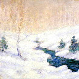 《冬季景观中的林地溪流》约翰·亨利·特瓦克特曼(John Henry Twachtman)高清作品欣赏
