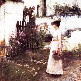 《在德文郡花园采集夏日花》约翰·威廉·沃特豪斯(John William Waterhouse)高清作品欣赏