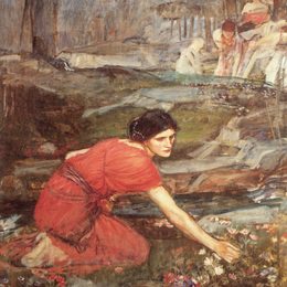《少女在溪边采花》约翰·威廉·沃特豪斯(John William Waterhouse)高清作品欣赏