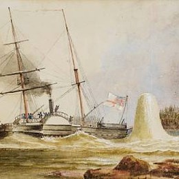 约翰·威尔逊(John Wilson Carmichael)高清作品:The survey vessel H.M.S. Merlin narrowly escaping destructio