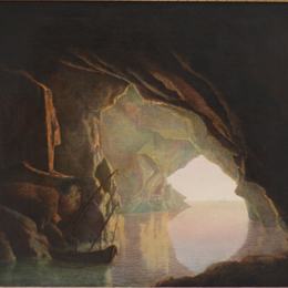 《撒勒诺湾的一座石窟，日落》约瑟夫·莱特(Joseph Wright)高清作品欣赏