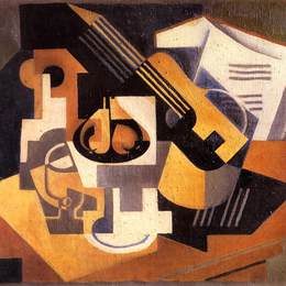《桌子上的吉他和水果碗》胡安·格里斯(Juan Gris)高清作品欣赏