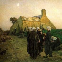 《在芬斯特的村庄里的夜晚》朱利叶斯·布雷顿(Jules Breton)高清作品欣赏