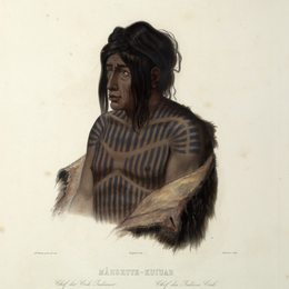 卡尔博德默(Karl Bodmer)高清作品:Mahsette-Kuiuab, Chief of the Cree Indians, plate 22 from vo