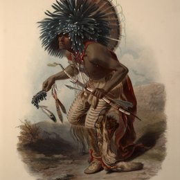 卡尔博德默(Karl Bodmer)高清作品:Pehriska-Ruhpa, Minatarre Warrior in the Costume of the Dog