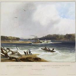 卡尔博德默(Karl Bodmer)高清作品:Yellowstone, Missouri River steamboat, depicted as aground o