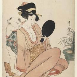 《母亲和孩子凝视着一面镜子》喜多川歌麿(Kitagawa Utamaro)高清作品欣赏