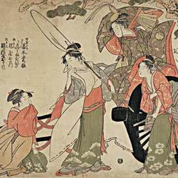 喜多川歌麿(Kitagawa Utamaro)高清作品:Mitate of the broken cart, showing an episode of the fight b