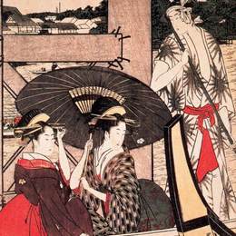 《在桥下享受凉爽的晚风》喜多川歌麿(Kitagawa Utamaro)高清作品欣赏