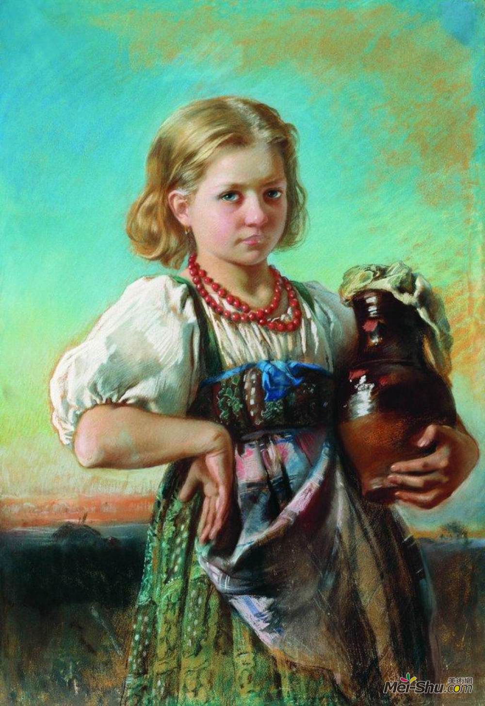 抱水瓶的少女油画图片