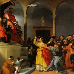 《圣露西亚的圣坛：法官面前的圣露西亚》洛伦佐·洛图(Lorenzo Lotto)高清作品欣赏