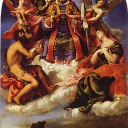 《圣.尼古拉斯在荣耀与圣施洗约翰，在圣露西》洛伦佐·洛图(Lorenzo Lotto)高清作品欣赏