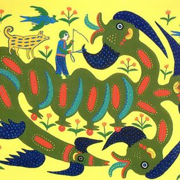 玛丽亚普里马琴科(Maria Primachenko)高清作品:Vania Has Brided a Serpent by the Beard and Rides Through To