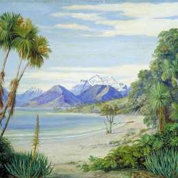 玛丽安娜·诺斯(Marianne North)高清作品:View of Mount Earnshaw from the Island in Lake Wakatipe, New