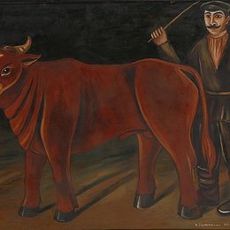 《带公牛的农夫》皮罗斯马尼(Niko Pirosmani)高清作品欣赏