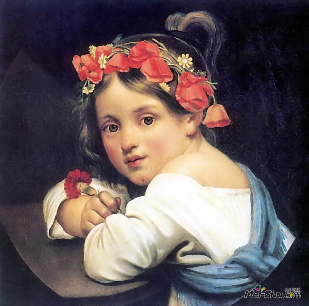 油画头戴花环的小女孩图片