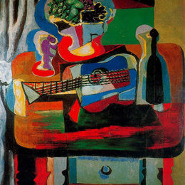 《吉他、瓶子、水果盘和桌子上的玻璃》巴勃罗·毕加索(Pablo Picasso)高清作品欣赏