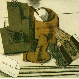 《鲈鱼、玻璃瓶和烟草包装》巴勃罗·毕加索(Pablo Picasso)高清作品欣赏