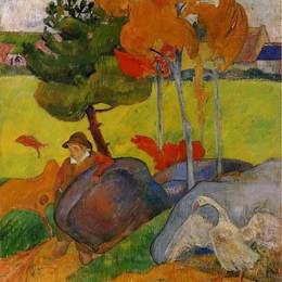 《布兰顿男孩与鹅的风景》保罗·高更(Paul Gauguin)高清作品欣赏