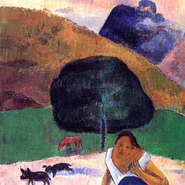 《黑色猪和蜷缩的大溪地风景》保罗·高更(Paul Gauguin)高清作品欣赏