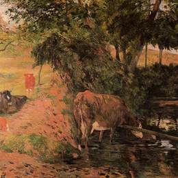 《果园中的牛群景观》保罗·高更(Paul Gauguin)高清作品欣赏