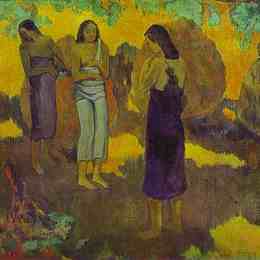 《三个塔西提女人反对黄色背景，1899（油）》保罗·高更(Paul Gauguin)高清作品欣赏