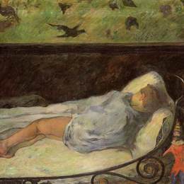 《年轻女孩做梦（研究一个孩子睡着了）》保罗·高更(Paul Gauguin)高清作品欣赏