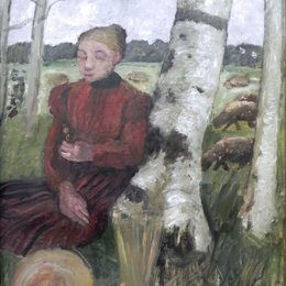 《桦树上的女孩和背景中的羊群》保拉·莫德索恩-贝克尔(Paula Modersohn-Becker)高清作品欣赏