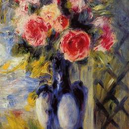 《蓝色花瓶里的玫瑰花束》皮耶尔·奥古斯特·雷诺阿(Pierre-Auguste Renoir)高清作品欣赏