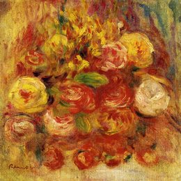 《在一个花瓶的花有蓝色装饰的》皮耶尔·奥古斯特·雷诺阿(Pierre-Auguste Renoir)高清作品欣赏