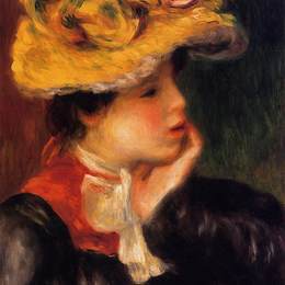 《一个年轻女人的头（黄帽子）》皮耶尔·奥古斯特·雷诺阿(Pierre-Auguste Renoir)高清作品欣赏