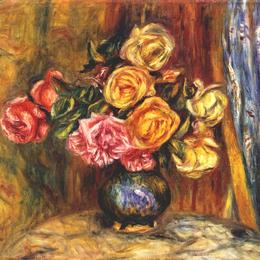 《蓝色窗帘前的玫瑰》皮耶尔·奥古斯特·雷诺阿(Pierre-Auguste Renoir)高清作品欣赏