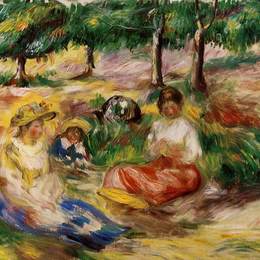 《三个年轻女孩坐在草地上》皮耶尔·奥古斯特·雷诺阿(Pierre-Auguste Renoir)高清作品欣赏