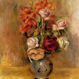 《Gladiolas和玫瑰花瓶》皮耶尔·奥古斯特·雷诺阿(Pierre-Auguste Renoir)高清作品欣赏