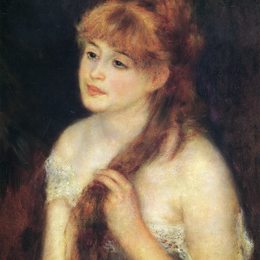 《年轻妇女编织她的头发》皮耶尔·奥古斯特·雷诺阿(Pierre-Auguste Renoir)高清作品欣赏