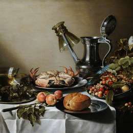 《静物。餐桌上的食物、玻璃杯和罐子》彼得·克莱兹(Pieter Claesz)高清作品欣赏