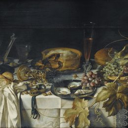 《静物与馅饼，篮子葡萄，投手和手表》彼得·克莱兹(Pieter Claesz)高清作品欣赏