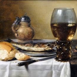 《罐子、酒杯、鲱鱼和面包的静物》彼得·克莱兹(Pieter Claesz)高清作品欣赏